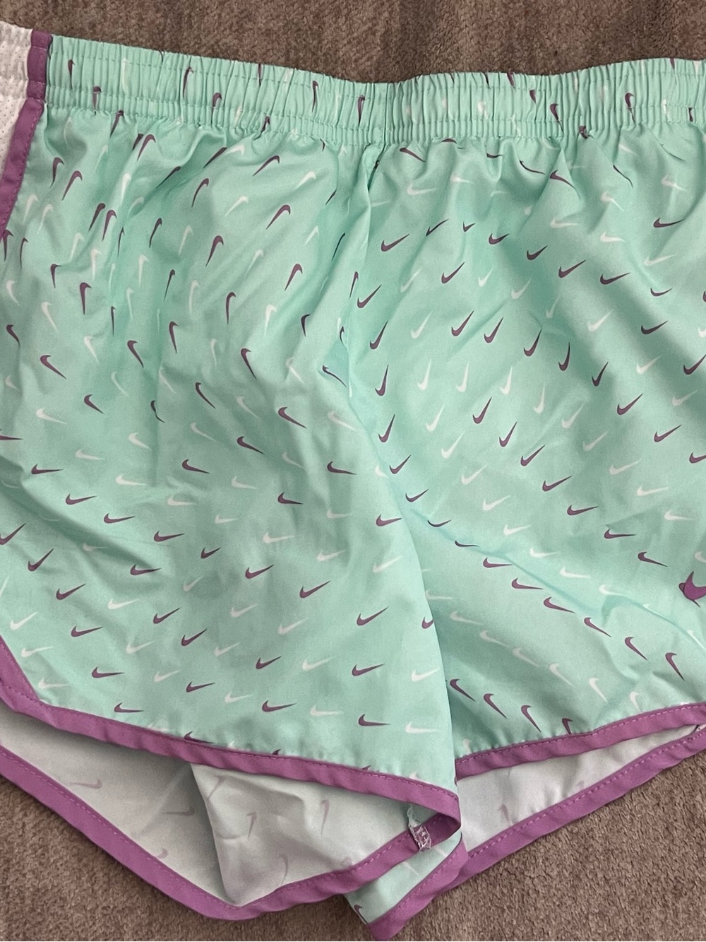 Nike Women's Mint Green Athletic Shorts with Purple Trim